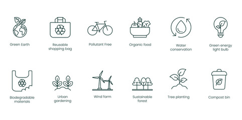 Green Earth, Reusable Shopping Bag, Pollution-Free, Organic Food, Water Conservation, Green Energy Light Bulb, Biodegradable Materials, Urban Gardening, Wind Farm, Sustainable Forest, vector icons 