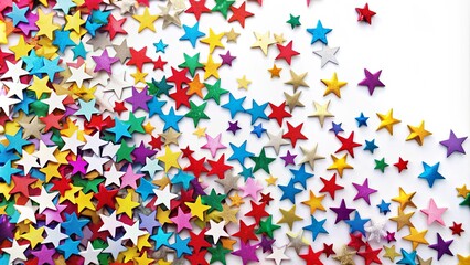 Colorful confetti stars scattered on white background for festive celebration and party themes