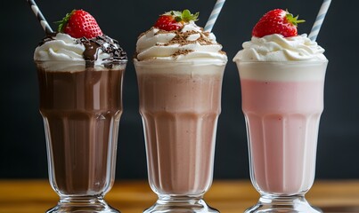three milkshakes, vanilla, chocolate, strawberry, Generative AI