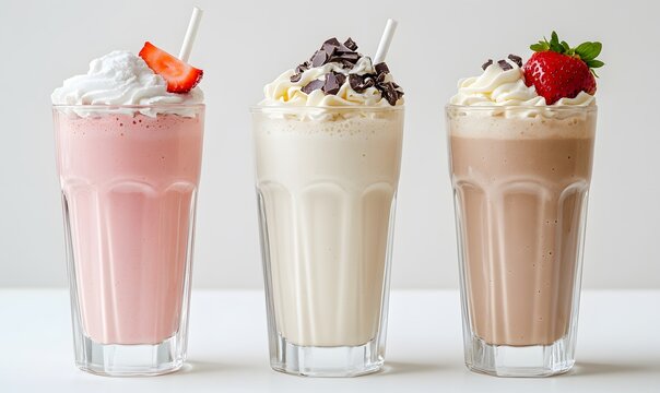 three milkshakes, vanilla, chocolate, strawberry, Generative AI