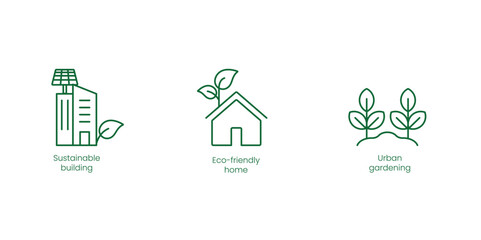 Sustainable Building, Eco-Friendly Home, Urban Gardening Vector Icons for Green Living