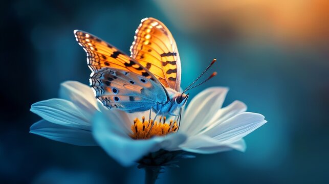 Butterfly rests elegantly atop a flower, its intricate wings bathed in an interplay of vibrant and ethereal light.