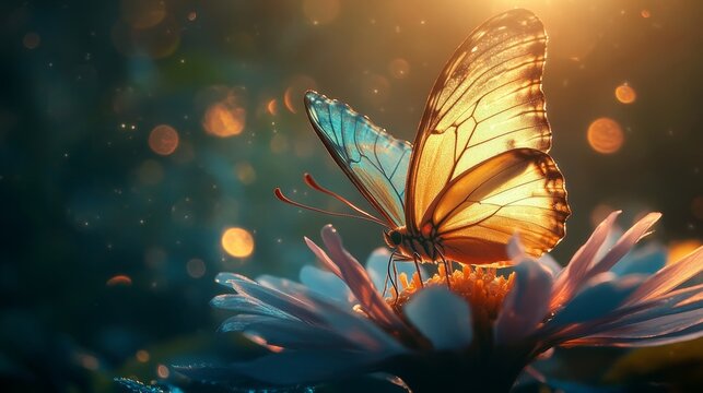 Butterfly rests elegantly atop a flower, its intricate wings bathed in an interplay of vibrant and ethereal light.