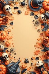 A Halloween themed frame with skulls, pumpkins, and spider webs