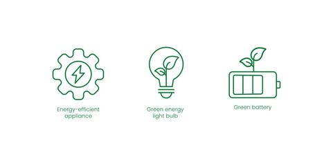 Energy Efficient Appliance, Green Energy Light Bulb, Green Battery Vector Icons