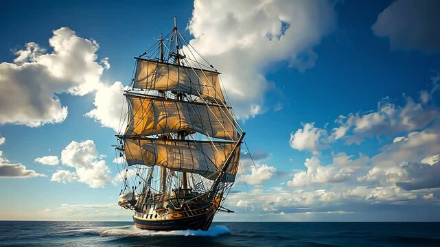 Beautiful tall ship sailing on the open ocean with clouds in the background during a sunny day