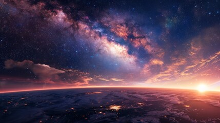 Fototapeta premium Earthrise with Milky Way and City Lights