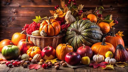 A bountiful harvest of pumpkins, apples, gourds, and berries on a wooden table.