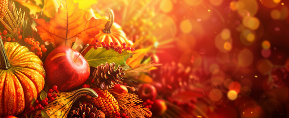 Autumn Halloween pumpkins and apples. Orange pumpkins and red apple fruits over bright autumnal nature background