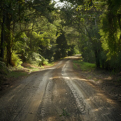 Obraz premium A meandering forest road in the winter, Serene Gravel Road Through Pine Forest - Rustic and Rural Charm in Nature, Road in the middle of the forest and ascending to the top of the hill. 