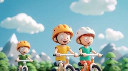 Joyful Cartoon Kids Riding Bicycles on a Sunny Day, Happy Childhood Adventure in a Bright and Fun Outdoor Setting, Playful and Energetic Characters Enjoying an Active Lifestyle, Friendship and Fun.