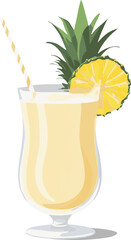 Flat vector illustration of a tropical pina colada cocktail in a simple glass with a pineapple slice garnish. Minimalist and clean design, isolated on a white background. Perfect for graphic design pr