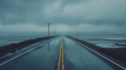 A lonely road runs parallel to the coastline, with dark clouds looming overhead. Puddles form in the reflective asphalt, enhancing the dramatic scenery