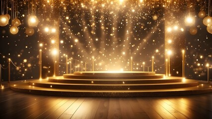 gold podium background with rectangle geometric, rectangle animation rotate, bokeh gold blinking background, stage for product, 4k resolution.

