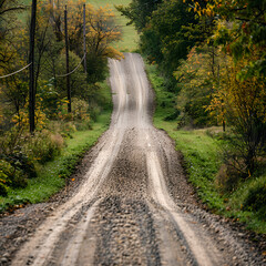 Fototapeta premium A meandering forest road in the winter, Serene Gravel Road Through Pine Forest - Rustic and Rural Charm in Nature, Road in the middle of the forest and ascending to the top of the hill. 