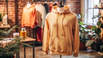 mockup blank yellow hoodie with mannequin, grey background