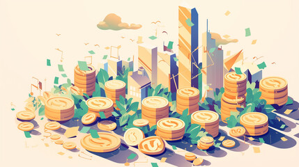 Buildings and Houses with Stacks of Coins. Real estate investment, property value, and financial growth concept.