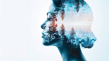 Double Exposure of Woman's Silhouette and Forest Landscape, Artistic Representation of Mindfulness and Connection with Nature, Harmony Between Human Consciousness and the Natural World, Reflective and