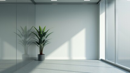 Minimalist Office Space with Large Windows and Potted Plant, Clean and Bright Interior Design, Serene and Organized Corporate Environment, Emphasis on Simplicity and Natural Light, Work Environment.