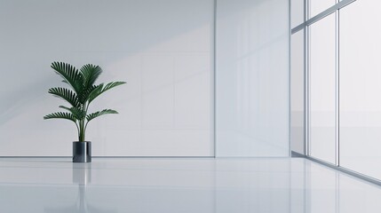 Minimalist Office Space with Large Windows and Potted Plant, Clean and Bright Interior Design, Serene and Organized Corporate Environment, Emphasis on Simplicity and Natural Light, Work Environment.