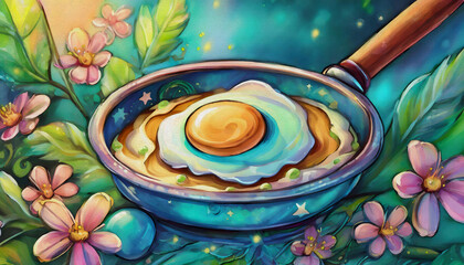 oil painting style cartoon character One Chicken Egg in a Small Pan