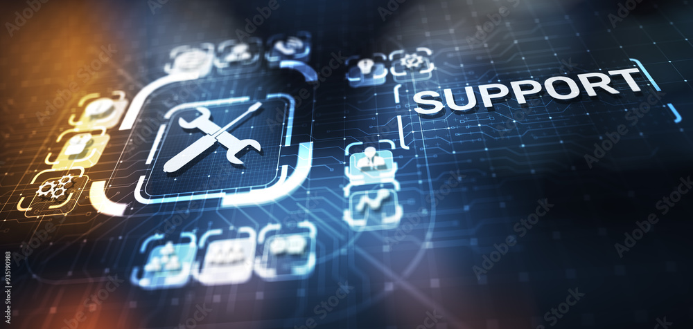 Poster Support button on virtual screen. Customer service and communication concept.