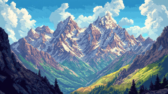 A mountain range with a tree in the foreground in pixel art
