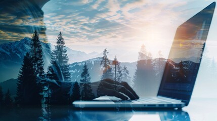 Double Exposure of Laptop Typing and Nature, Blending Technology with Outdoor Scenery, Concept of Digital Nomadism and Work-Life Balance, Harmonizing Professional Life with Natural Environments