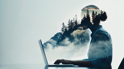 Double Exposure of Laptop Typing and Nature, Blending Technology with Outdoor Scenery, Concept of Digital Nomadism and Work-Life Balance, Harmonizing Professional Life with Natural Environments