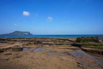 fine rock coast and far island
