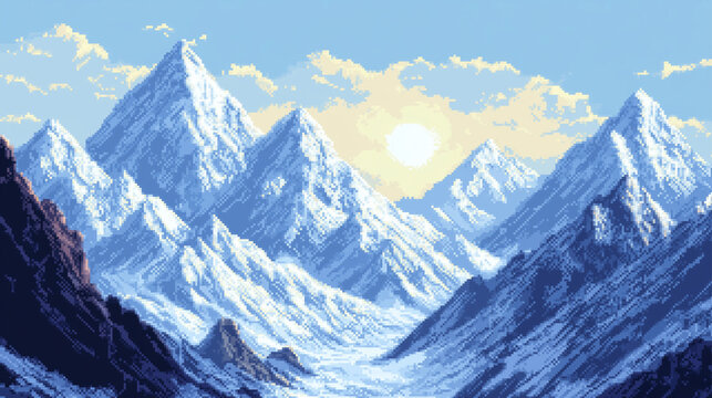 A mountain range with a tree in the foreground in pixel art