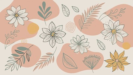 Abstract Floral Pattern with Flowers  Leaves  and Geometric Shapes