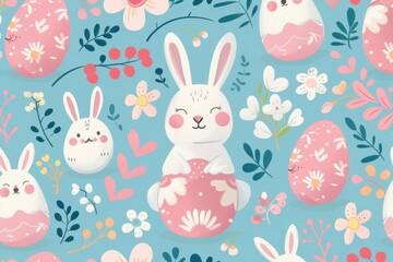 Easter Bunny Delight, a cheerful scene featuring a playful rabbit surrounded by colorful flowers and decorated eggs, perfect for spring-themed decorations and holiday cards.
