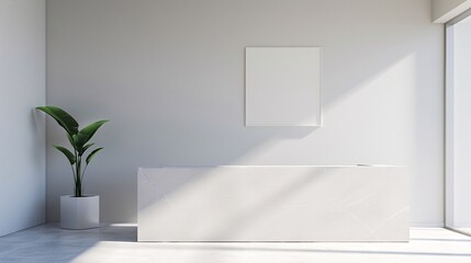 Modern Minimalist Reception Desk in Elegant Office Lobby, Clean and Sophisticated Interior Design, Bright and Welcoming Space with Natural Elements, Professional and Contemporary Business Environment