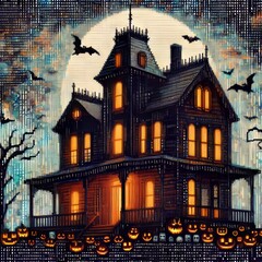 ASCII Digital Collage A haunted house is constructed from a seri