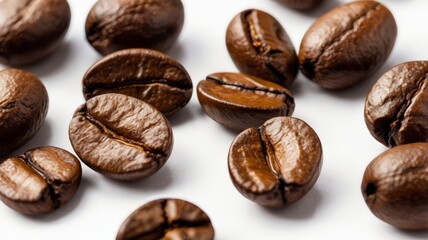 Coffee Beans Background. Roasted coffee beans background. A bunch of coffee beans and falling coffee beans on a white background. Isolated 