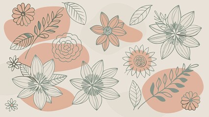 Abstract Floral Pattern with Green Leaves and Pink Shapes