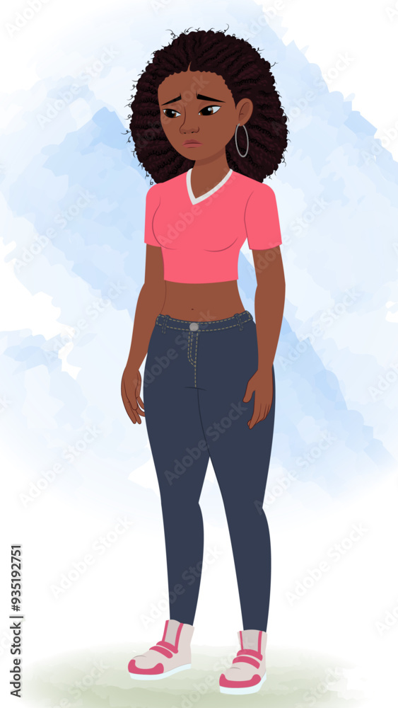 Sticker a black young girl cartoon character, curly hair african girl , hot girl character for animation, sa