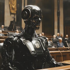 AI in the dock before an EU committee, modern courtroom, detailed setting, high-tech elements, formal legal environment, intense mood.