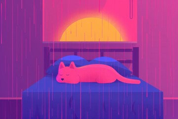 Cozy Dreamy Night, A peaceful puppy rests in a colorful bedroom under a full moon, raindrops on the window, creating a soothing, whimsical nighttime atmosphere.