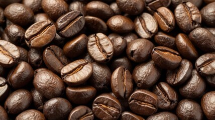 Fototapeta premium Coffee Beans Background. Roasted coffee beans background. A bunch of coffee beans and falling coffee beans on a white background. Isolated 