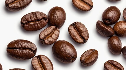 Coffee Beans Background. Roasted coffee beans background. A bunch of coffee beans and falling coffee beans on a white background. Isolated 