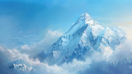 Majestic Winter View of Everest, stunning icy peaks, serene blue skies, snow-covered slopes, tranquil beauty, inspiring artistry, perfect for winter-themed concepts and ideas