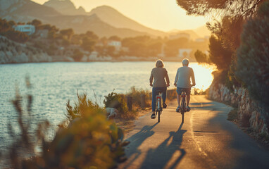 Fototapeta premium Back view of a senior couple bicycling along a seaside path during a scenic sunset