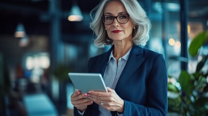 Mature Woman in Business Attire Uses Tablet in Office