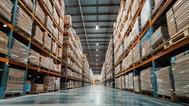 Cardboard boxes stacked on pallets and shelves inside a modern warehouse facility. The image evokes concepts of logistics, storage and innovative production