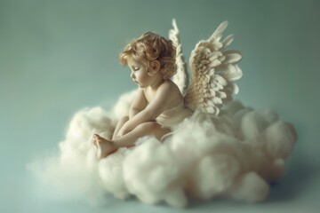 A delicate angel sits on soft clouds, embodying purity and tranquility in a serene celestial landscape, A tiny angel sitting on a fluffy cloud , Ai generated