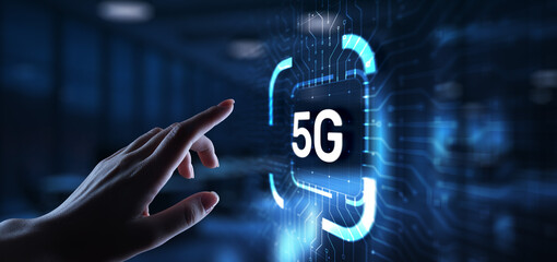 5G Fifth generation of mobile internet. Fast connection. Telecommunication concept on virtual screen.