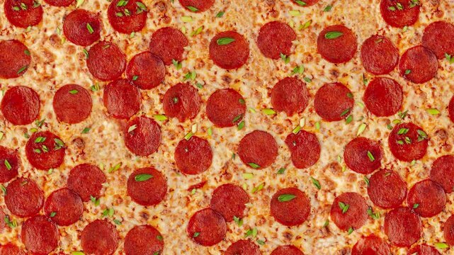 Pepperoni pizza texture background realistic 3d render animation sequence
