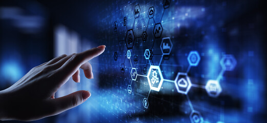 Automation system structure on virtual screen. Smart manufacturing technology and internet of things concept.